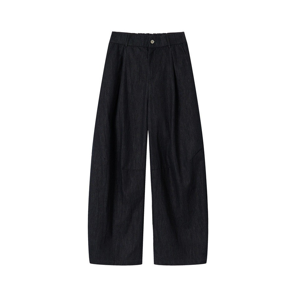 Women's high-waisted wide culotte pants made of denim mix with pleats and button closure EVA-US