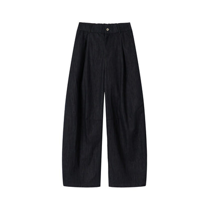 Women's high-waisted wide culotte pants made of denim mix with pleats and button closure EVA-US