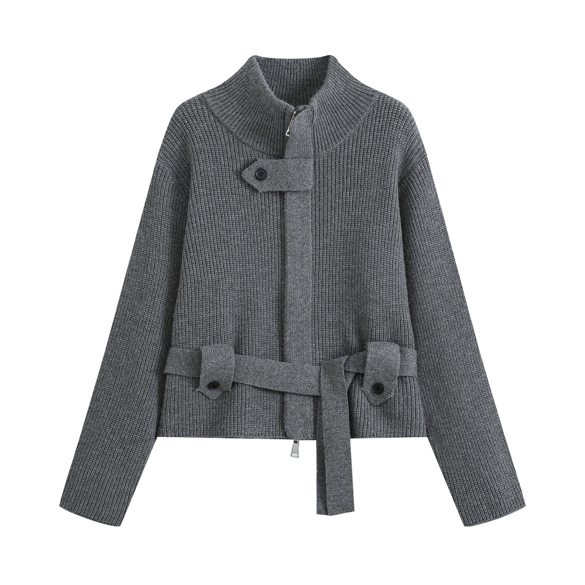 Women's cardigan with stand collar, zipper and waist tie belt EVA-US