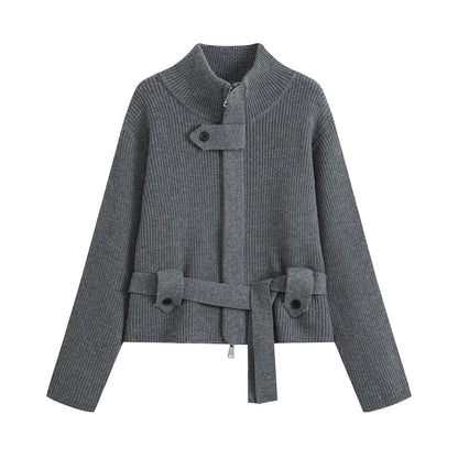 Women's cardigan with stand collar, zipper and waist tie belt EVA-US