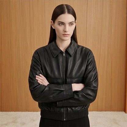 Women's short jacket made of faux leather in bomber style with ribbed hem and patch pockets EVA-US