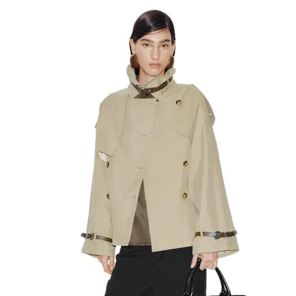 Women Short Boxy Trench Coat with Wide Lapels, Shoulder Straps and Adjustable Cuffs EVA-US