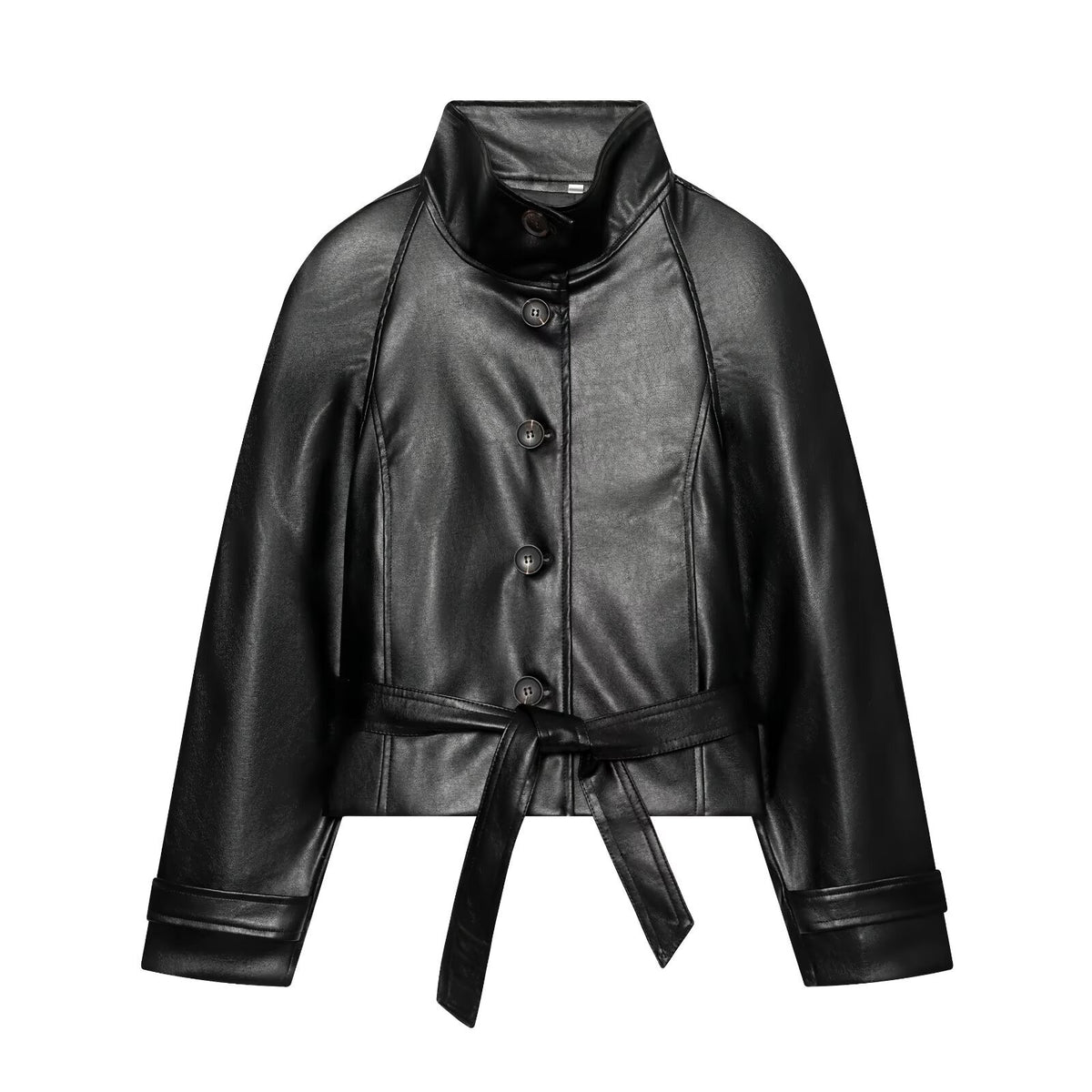 Women's Tailored Cropped Vegan Leather Jacket with Stand Collar and Tie Belt EVA-US