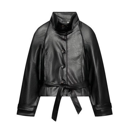 Women's Tailored Cropped Vegan Leather Jacket with Stand Collar and Tie Belt EVA-US