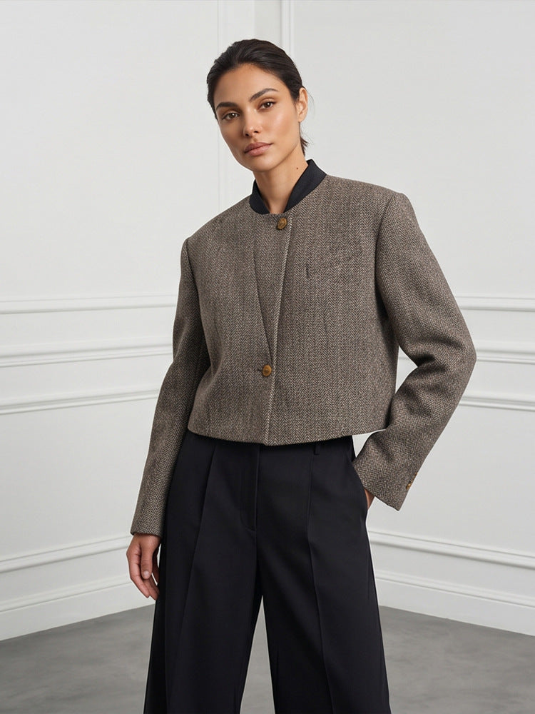 Ladies Short Cut Wool Blazer with Stand-up Collar and Herringbone Pattern EVA-US