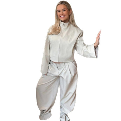 Women's Short Jacket with Stand Collar and Wide Pleated Trousers Set EVA-US