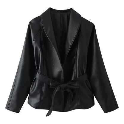 Women's Tailored Faux Leather Blazer with Shawl Collar and Tie Belt EVA-US