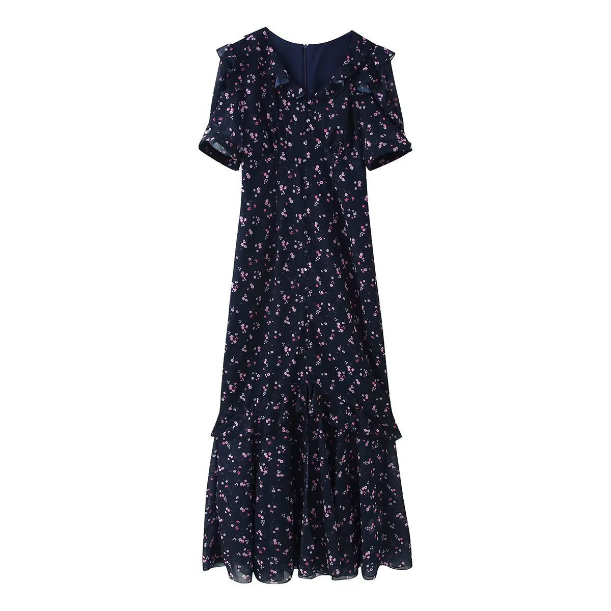 Women’s maxi dress with ruffles, V-neck and floral chiffon look EVA-US
