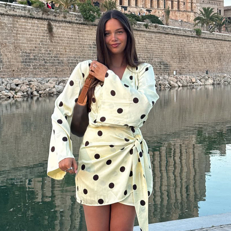 Ladies wrap mini dress with V-neck, bell sleeves and polka dot print EVA-US