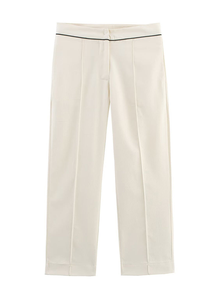 Women Cropped Pants with Folded Pleat, Straight Leg and Fine Waist Piping EVA-US