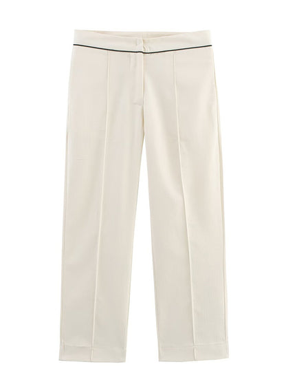 Women Cropped Pants with Folded Pleat, Straight Leg and Fine Waist Piping EVA-US