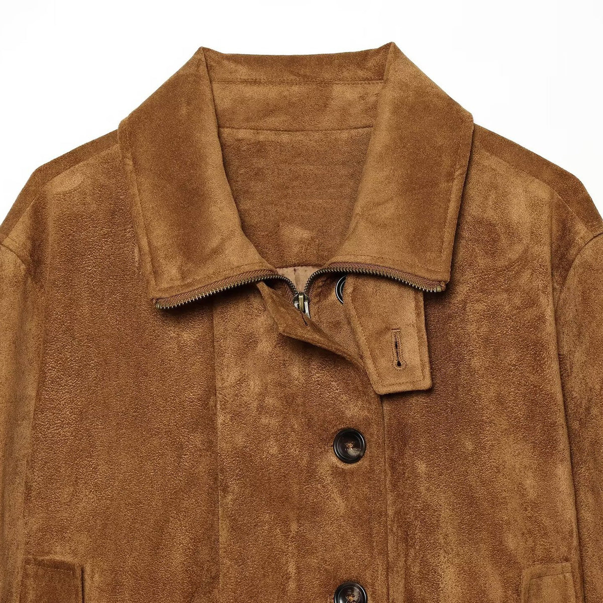 Women's short blouse jacket made of velour suede with button placket, concealed zipper, and elastic hem EVA-US
