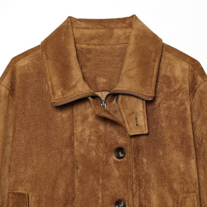 Women's short blouse jacket made of velour suede with button placket, concealed zipper, and elastic hem EVA-US