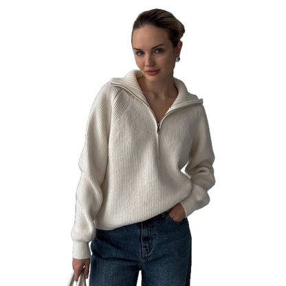 Women Ribbed Wool Blend Sweater with Half Zipper and Wide Stand Collar EVA-US