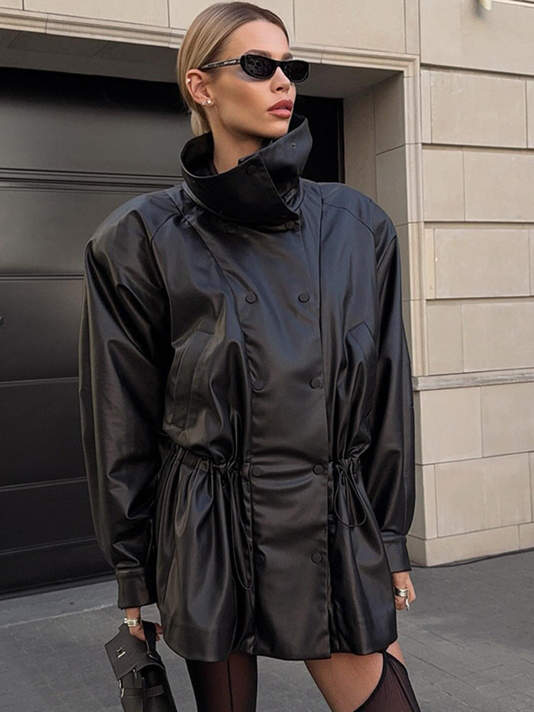 Women Oversize Faux Leather Parka with High Stand-Up Collar and Adjustable Drawstring Hood