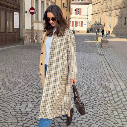 Women's Maxi Length Checked Wool Blend Coat with Straight Silhouette EVA-US