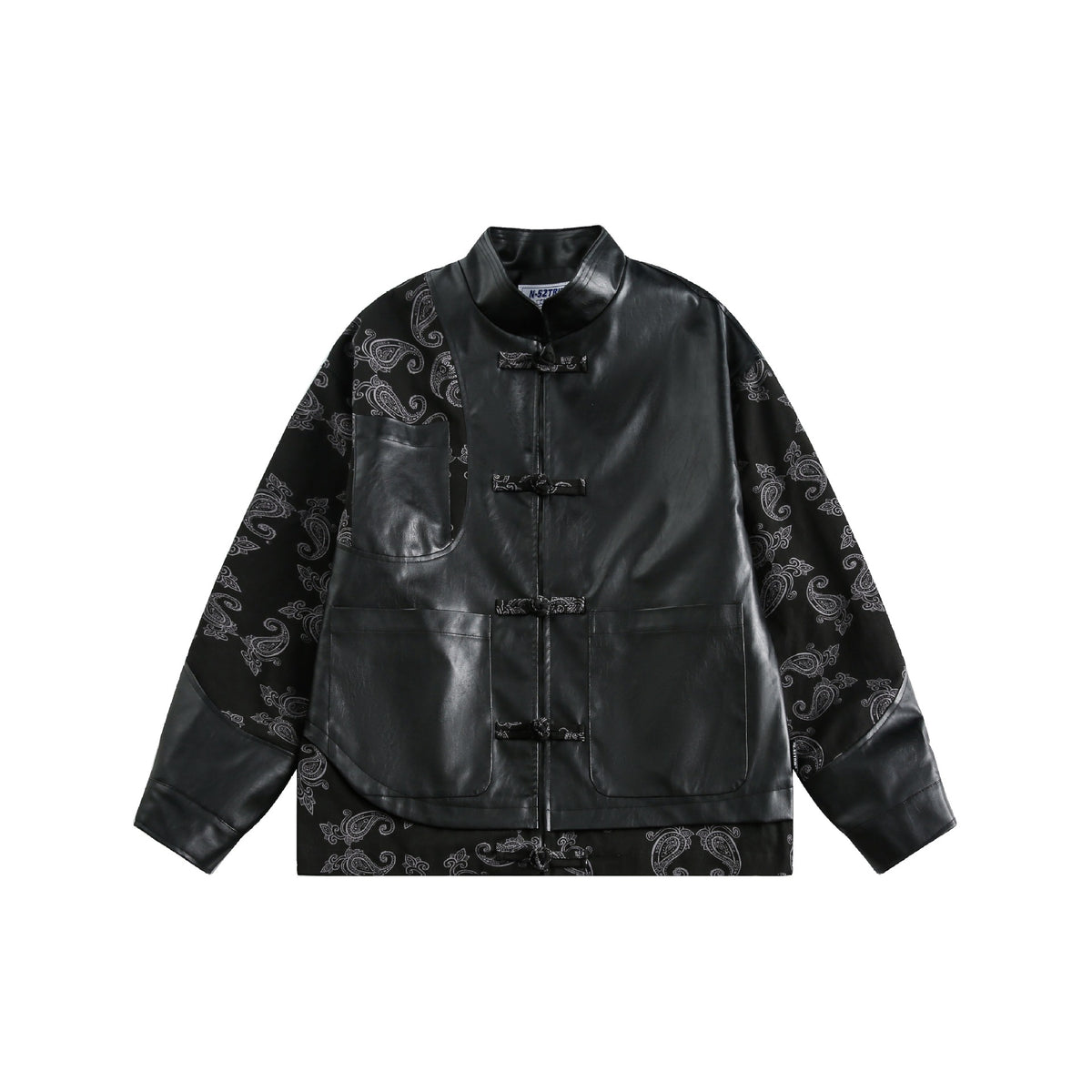 Unisex faux leather bomber jacket with paisley sleeves and toggle closures EVA-US