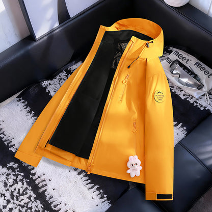 Women Lightweight Waterproof Hooded Jacket with Teddy Charm and Concealed Zipper Pockets EVA-US