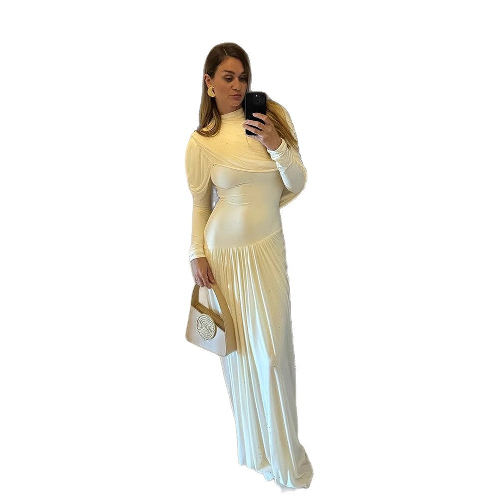 Women Pleated Maxi Evening Dress with Draped Shoulders and Long Sleeves EVA-US