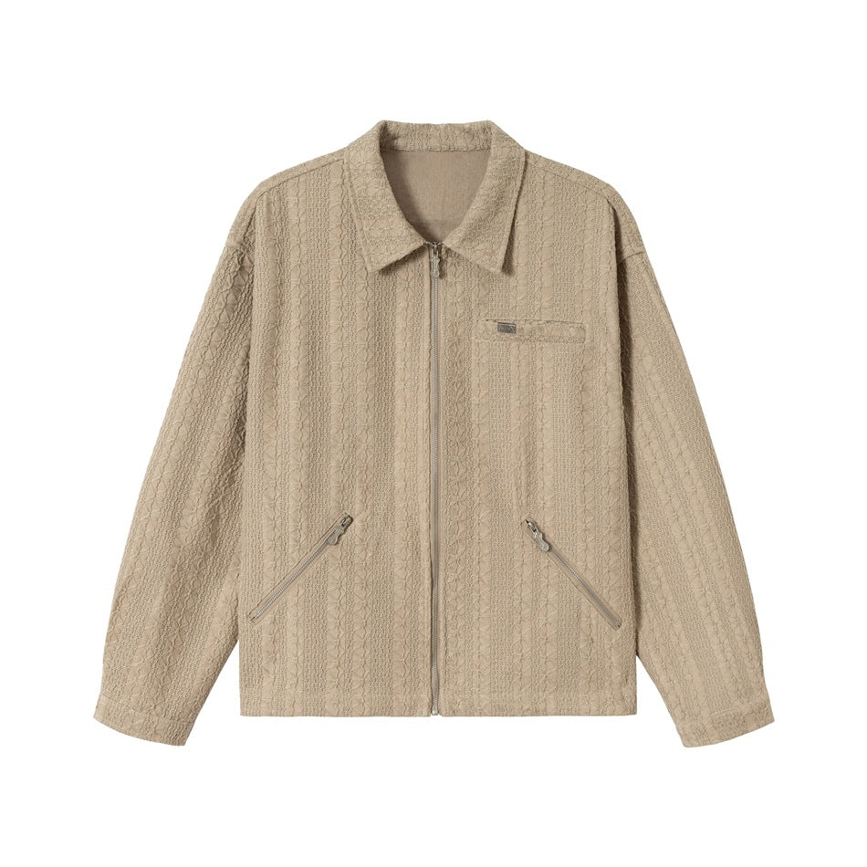 Unisex Textured Zip Blouson Jacket in Boxy Cut with Shirt Collar and Diagonal Zipper Pockets EVA-US