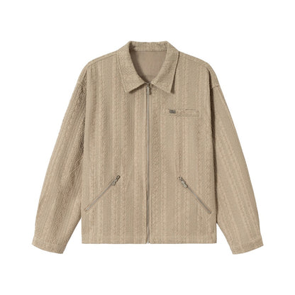 Unisex Textured Zip Blouson Jacket in Boxy Cut with Shirt Collar and Diagonal Zipper Pockets EVA-US