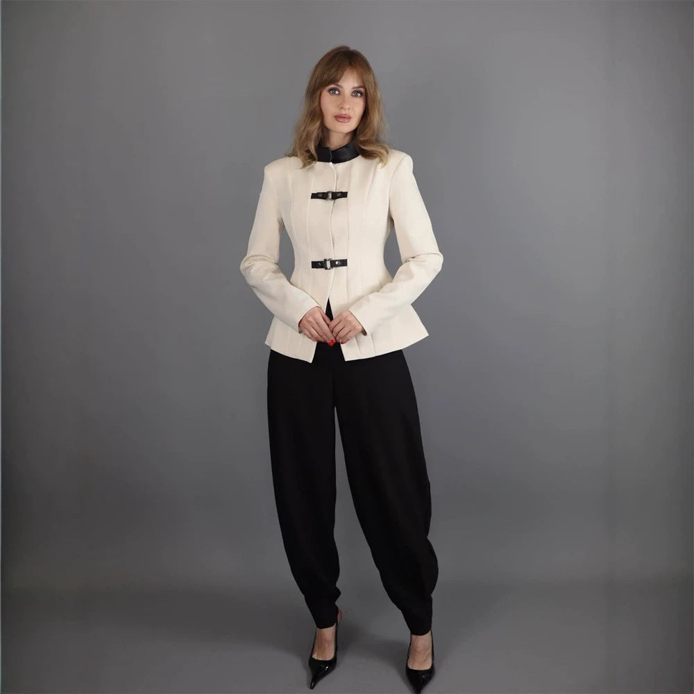 Women's Tailored Blazer with Stand-up Collar, Wiener Seams and Decorative Strap Closures EVA-US