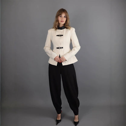 Women's Tailored Blazer with Stand-up Collar, Wiener Seams and Decorative Strap Closures EVA-US