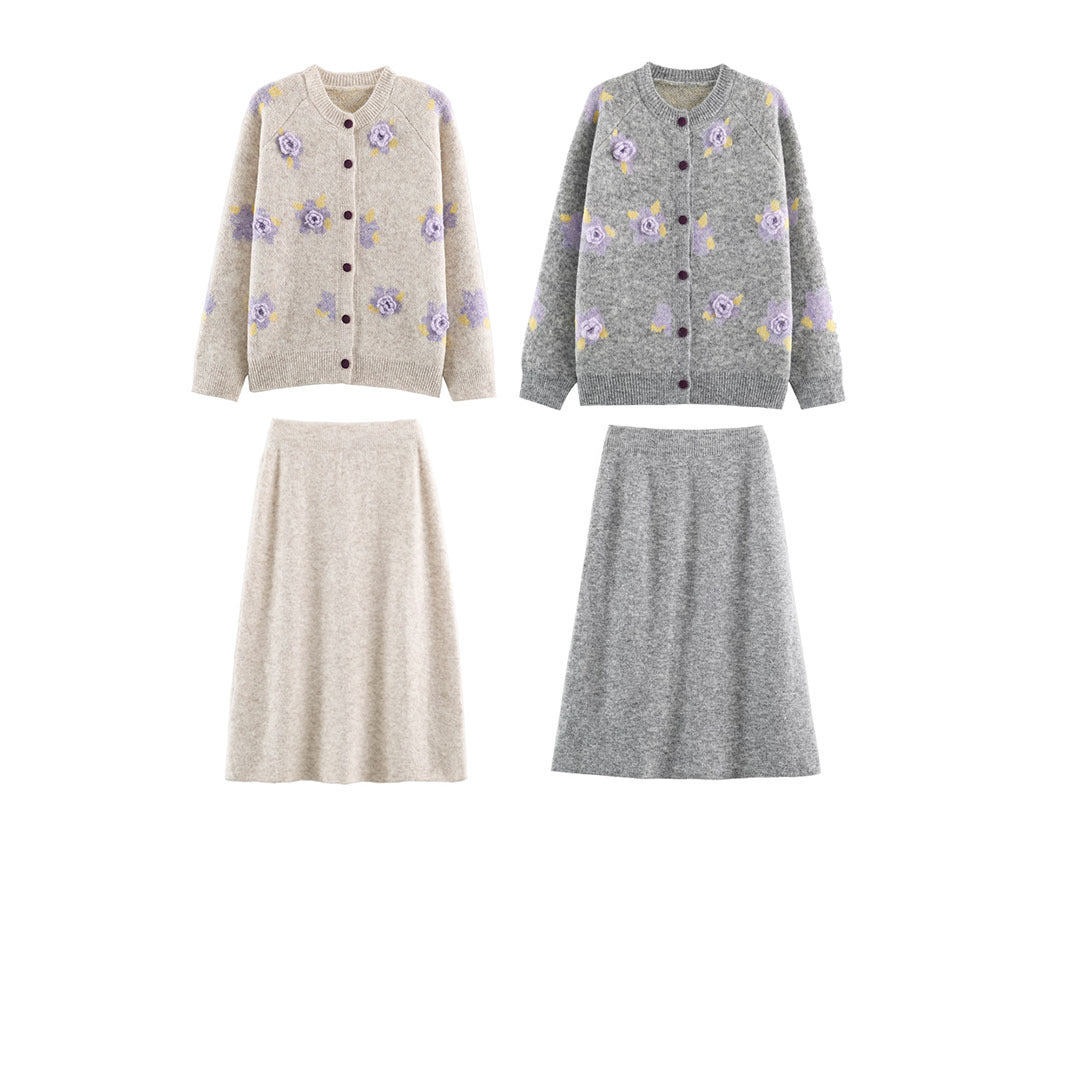 Women's Fine Knit Two-Piece Cardigan with Floral Jacquard and Tailored A-Line Knit Skirt EVA-US