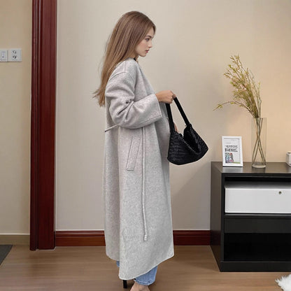 Women's Oversize Wool Blend Coat with Open Fall, Wide Shawl Collar and Straight Cut EVA-US