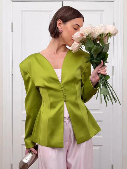 Women's Tailored Satin Blazer with Emphasized Peplum and Decorative Button Placket EVA-US