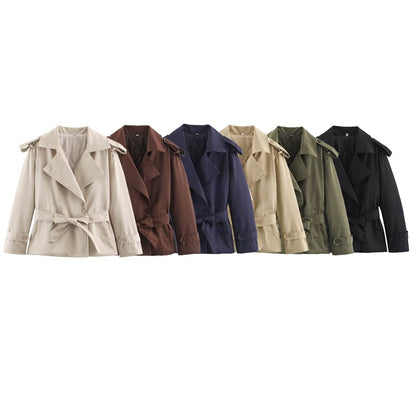 Women's Tailored Short Trench Coat with Tie Belt and Shoulder Patches EVA-US