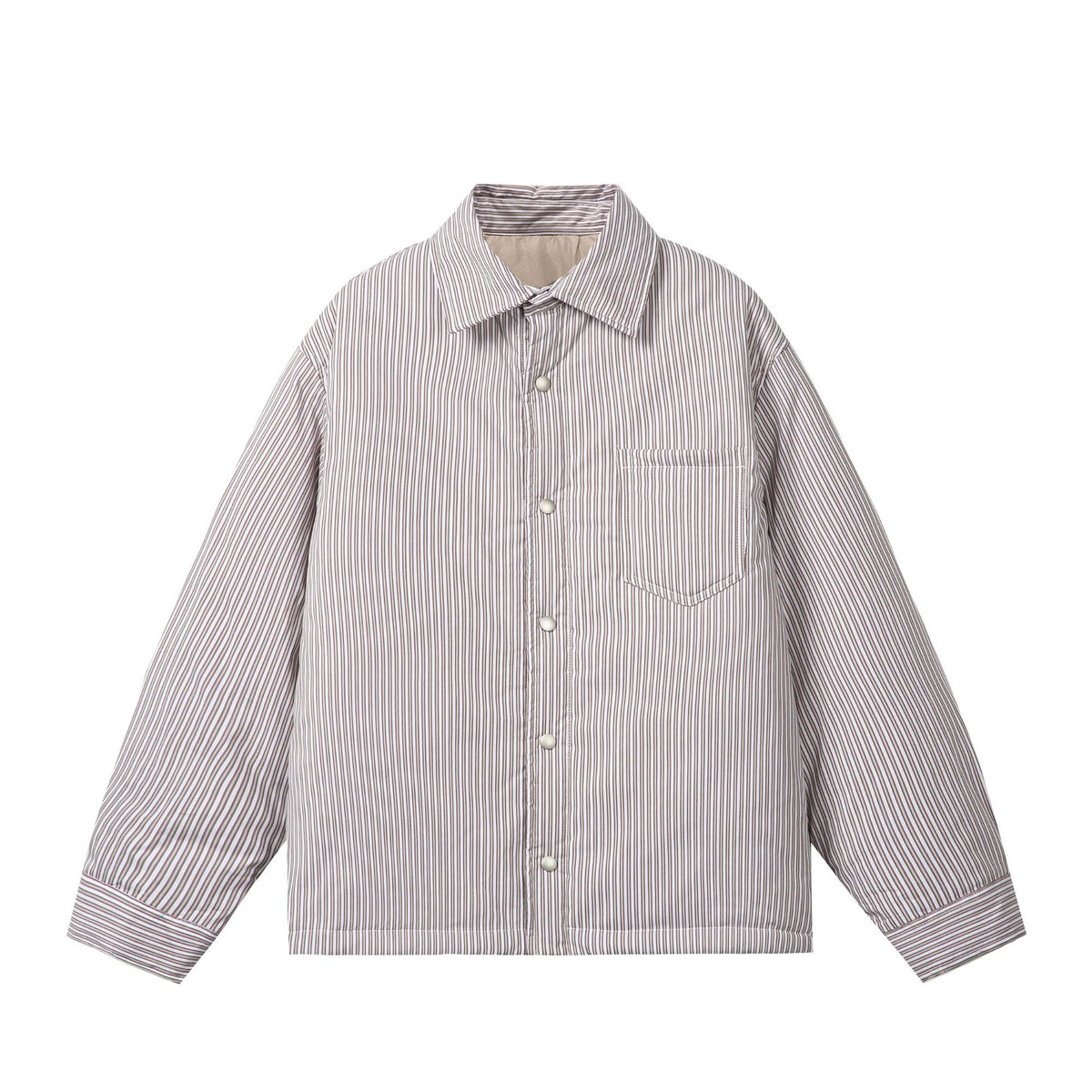 Unisex Striped Boxy Shirt Jacket with Snap Button Placket and Chest Pocket EVA-US
