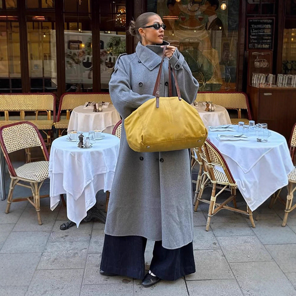Women Oversize Coat made of Wool Blend with High Standing Collar and Asymmetrical Button Placket EVA-US