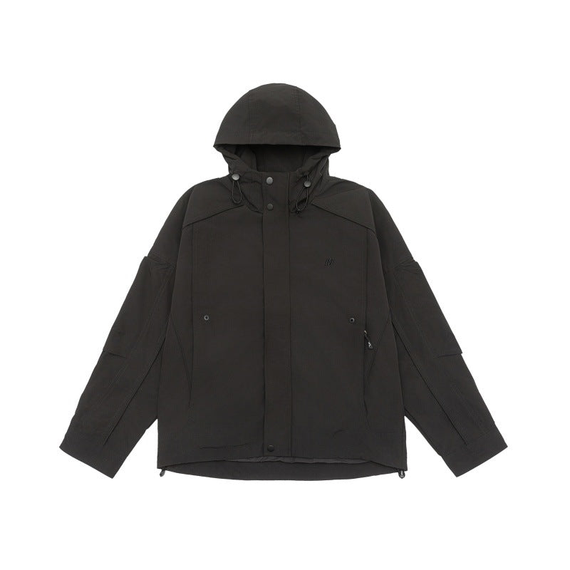 Unisex technical hooded field jacket in boxy cut with concealed front and multifunctional pockets EVA-US