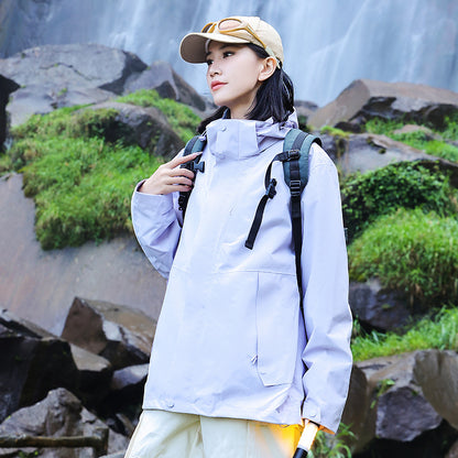 Women’s technical multi-layer hardshell rain jacket with adjustable hood, chest strap, and water-resistant zippers EVA-US