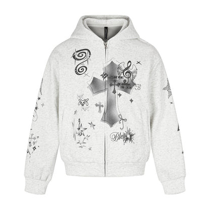 Unisex Printed Hooded Zip Jacket in Casual Boxy Cut with Full Zip EVA-US