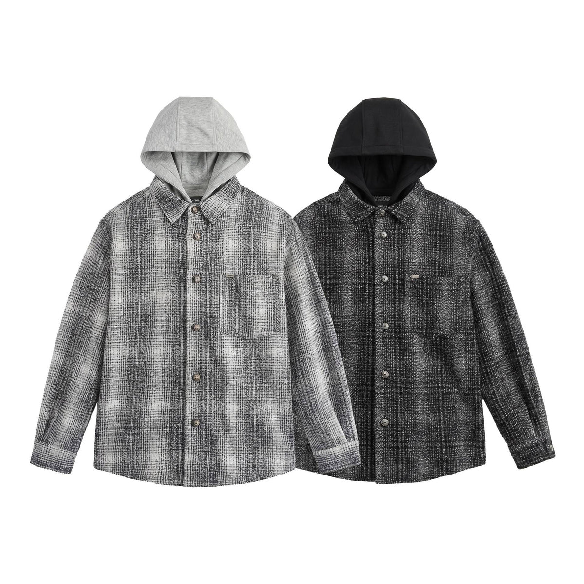 Men's Hooded Overshirt in Wool Blend with Check Pattern and Inserted Chest Pocket EVA-US