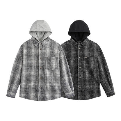 Men's Hooded Overshirt in Wool Blend with Check Pattern and Inserted Chest Pocket EVA-US