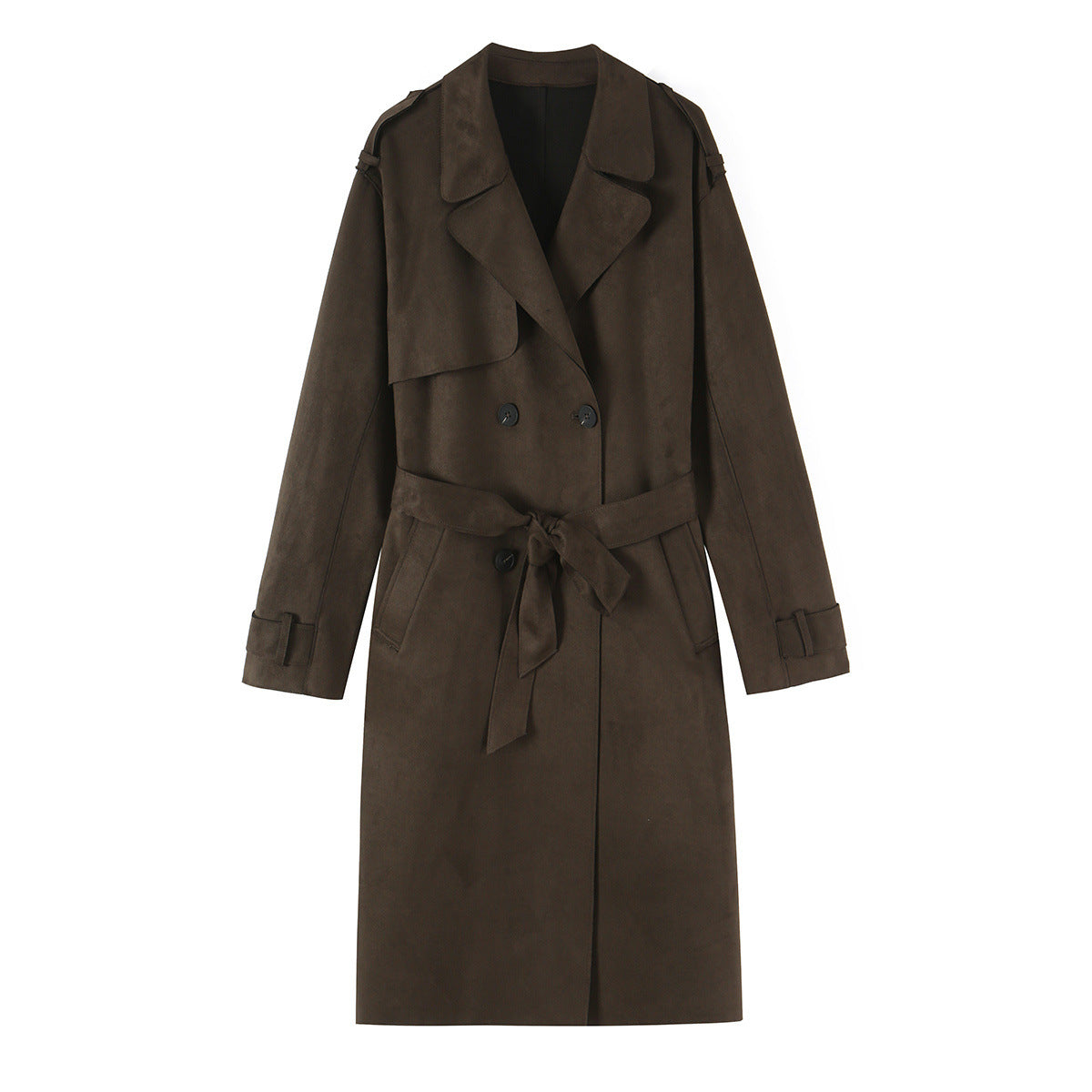 Women long cut trench coat made of suede look with tie belt EVA-US