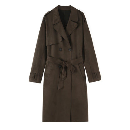 Women long cut trench coat made of suede look with tie belt EVA-US