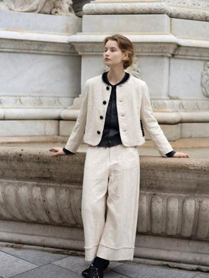 Women's Two-Piece Boucle Set with Short Jacket, Contrasted Round Neckline and Wide Culotte Pants Leg EVA-US