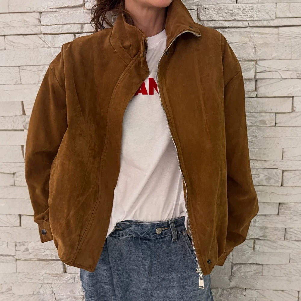 Women Oversize Velour Leather Blouson with High Stand Collar and Metal Zipper EVA-US