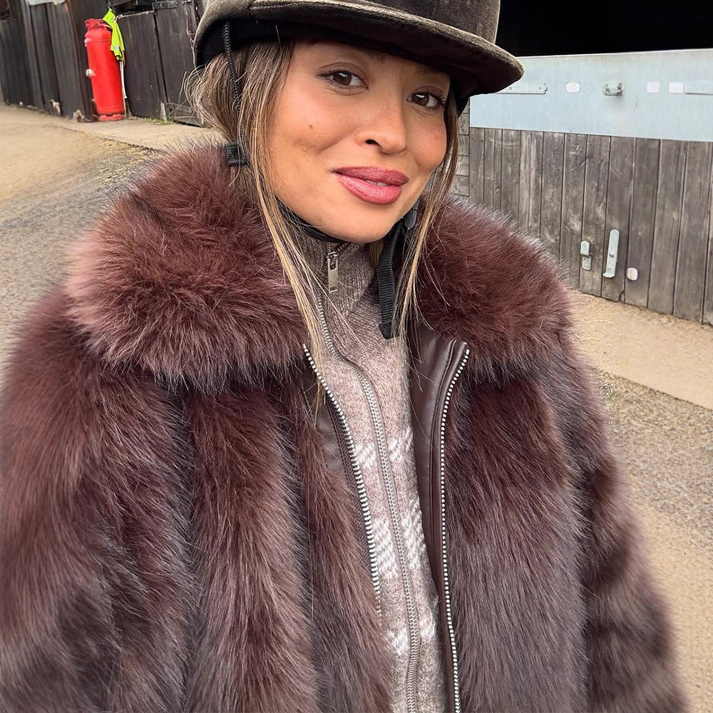 Women's Short Voluminous Faux Fur Bomber Jacket with Zipper and Shawl Collar EVA-US