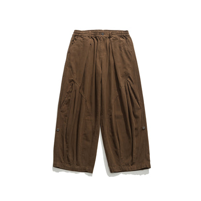 Women's wide utility cargo pants with elastic waistband and decorative pleats