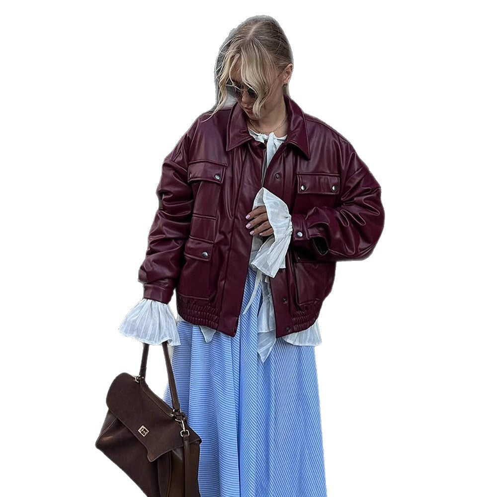 Women Oversize Faux Leather Jacket with Snap Pockets and Elastic Hem EVA-US