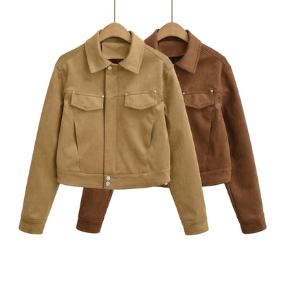 Women Short Velvet-Look Jacket with Snap Button Placket and Patch Breast Pockets EVA-US
