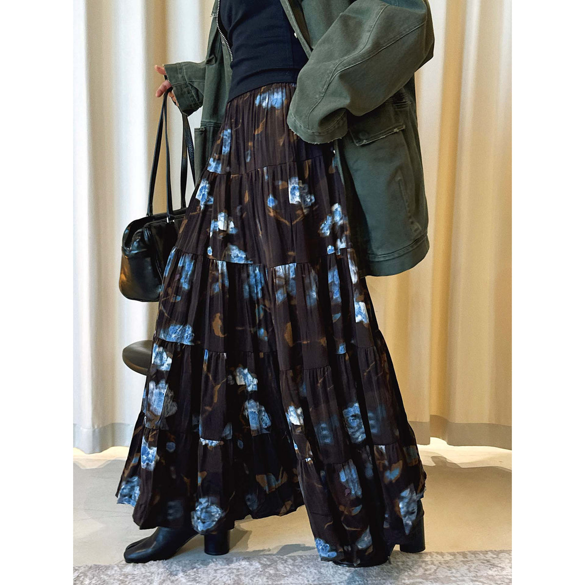 Ladies Maxi Tiered Skirt made of pleated chiffon with abstract floral print EVA-US