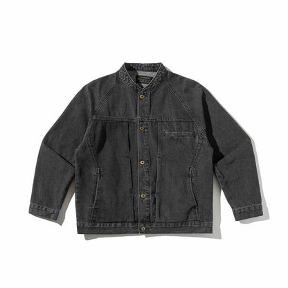 Unisex Boxy Denim Jacket with Stand-up Collar, distinctive seam piping and Button Placket EVA-US