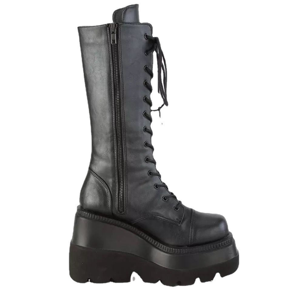 Women High-Quality Lace-Up Boots with Platform Heel and Side Zipper