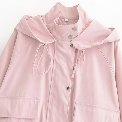 Women's Short Water-Repellent Hooded Jacket with Drawstring, Snap Button Placket, and Flap Pockets EVA-US